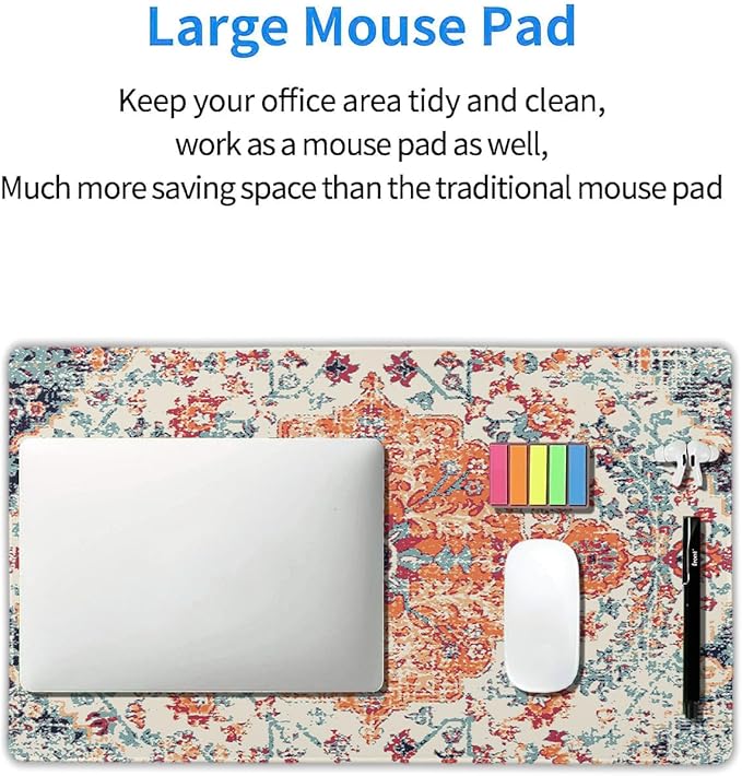 Orange Teal Boho Gaming Mouse Pad Large XL Rug Carpet Bohemian Retro Extended Large Desk Mat Big Mousepad Non-Slip Rubber Base Stitched Edge Long Desk Pad for Desktop Office PC Gamer,20x14 in,60x35cm