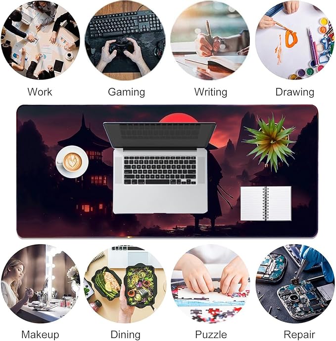 Moonlight Japanese Samurai Mouse Pad Gaming Mousepad Non-Slip Rubber Base Keyboard Pad Desk Mat for Home Office, 31.5 x 11.8 in