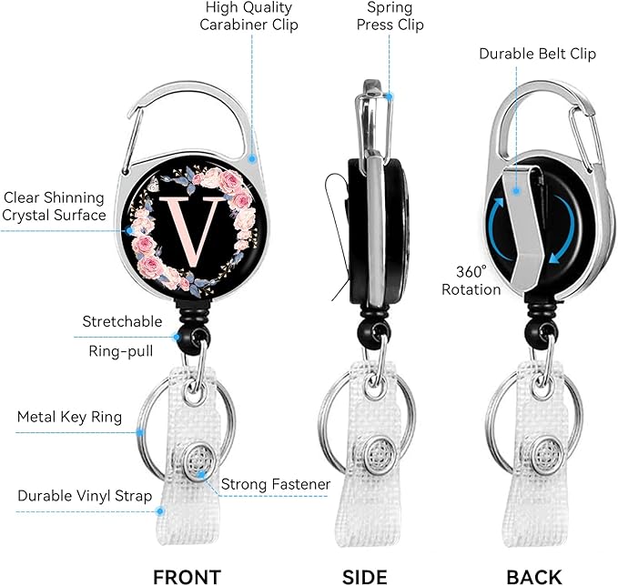 A-Z Badge Holder with Retractable Reel and Breakaway Lanyard Badge Clips Retractable Heavy Duty Badge Reel,Keychain,ID Holder with Breakaway Lanyard for School Nurse Office Teen V