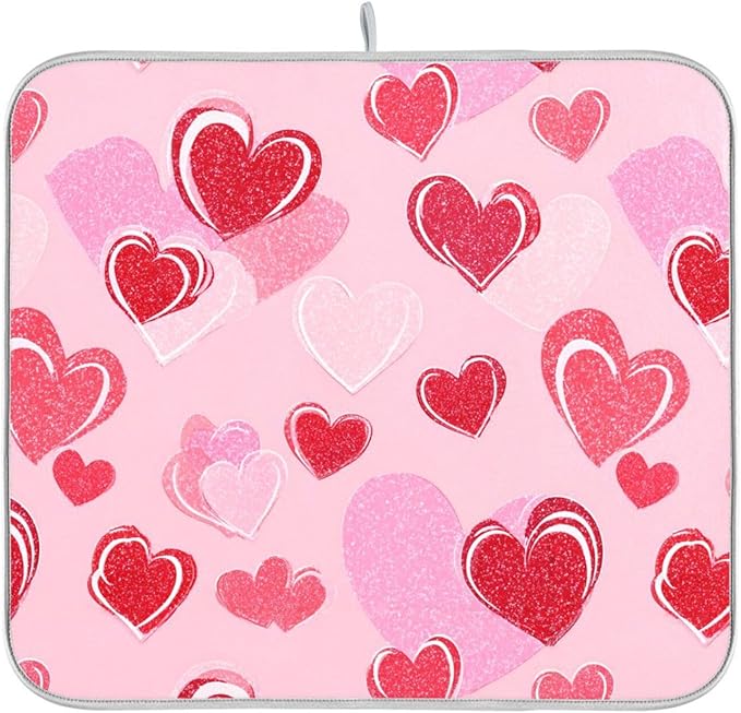 Mothers Valentines Day Hearts Dish Drying Mat 18 X 24 Inch Stars Romantic Red Pink Glitter Love Heart Dry Dishes Pads Drainer Mats Tableware Protector for Home Kitchen Countertops Counter Decorations