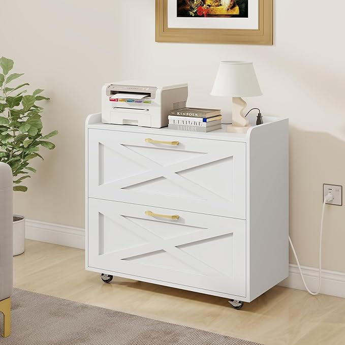 Lateral File Cabinet 2 Drawers Mobile File Cabinet with Charging Station for Letter/Legal/A4 Size Hanging Files, Large Wood File Storage Cabinets Printer Stand for Home Office, Simple White