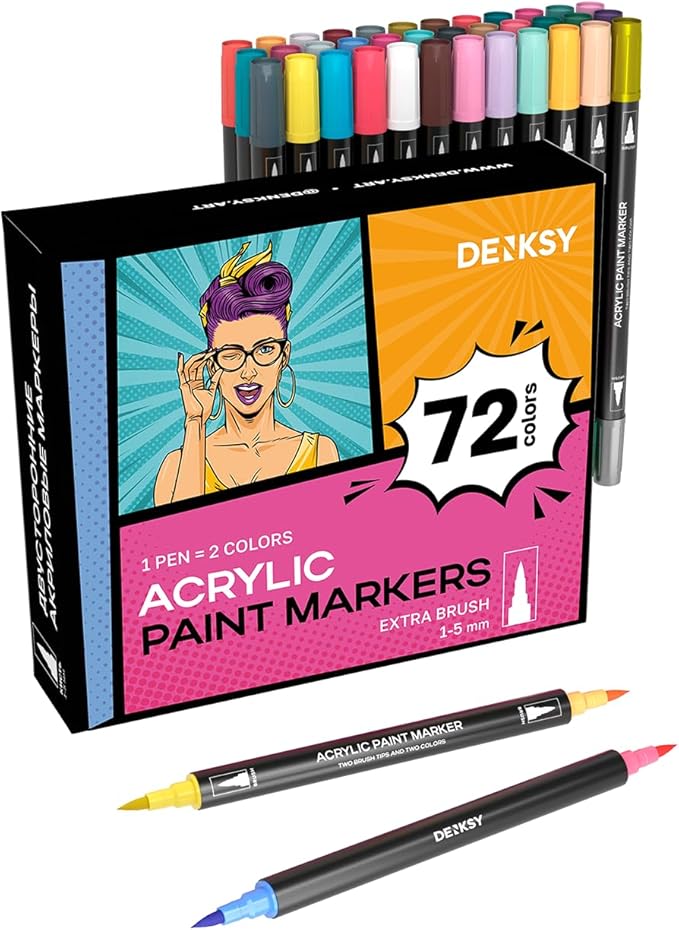 Acrylic paint pens create art β Dual Brush Tip Acrylic Markers Set, Waterproof Quick-Drying Ink for Rock Painting, Glass, Wood, Fabric (72)