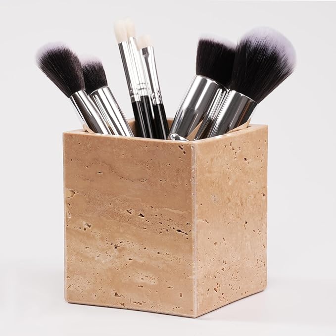 Marble Makeup Brush Holder - Travertine Candle Toothbrush Cup for Bathroom Accessories, Decorative Pencil Organizer for Office Desk Aesthetic, Stone Utensil Container for Kitchen