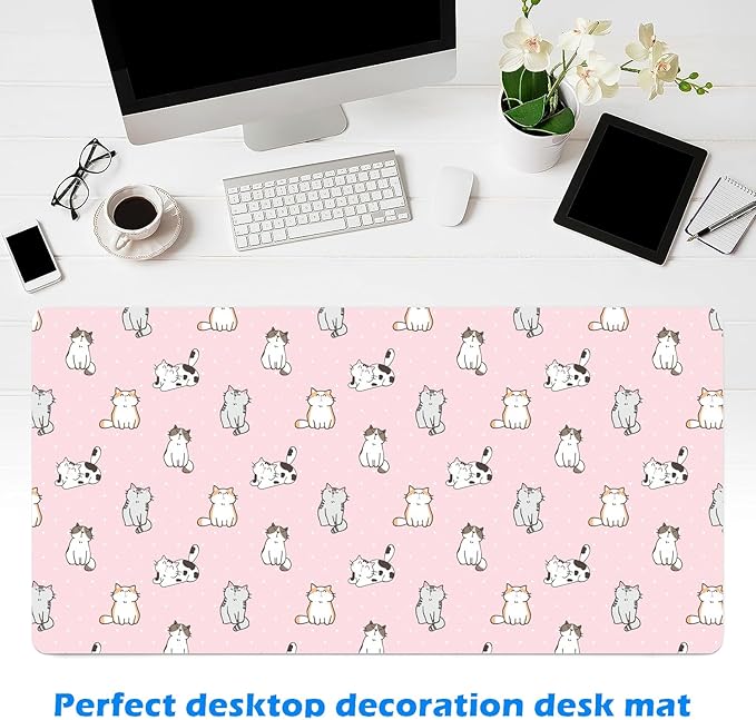 MAYCARI Cute Desk Mat Cartoon Desk Pad Mouse Pad Kawaii Large Pink Cats Gaming Mousepad XXL Laptop Keyboard Desktop Writing Pad for Girls Students 31.5"X15.7"