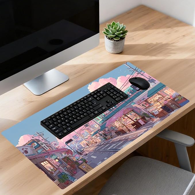 Nuxovilar Professional Large Mouse Pad & Computer Game Mouse Mat (35.4x15.7IN, Pastel Cartoon Town Art) (90 * 40cm Pastel Cartoon Town)