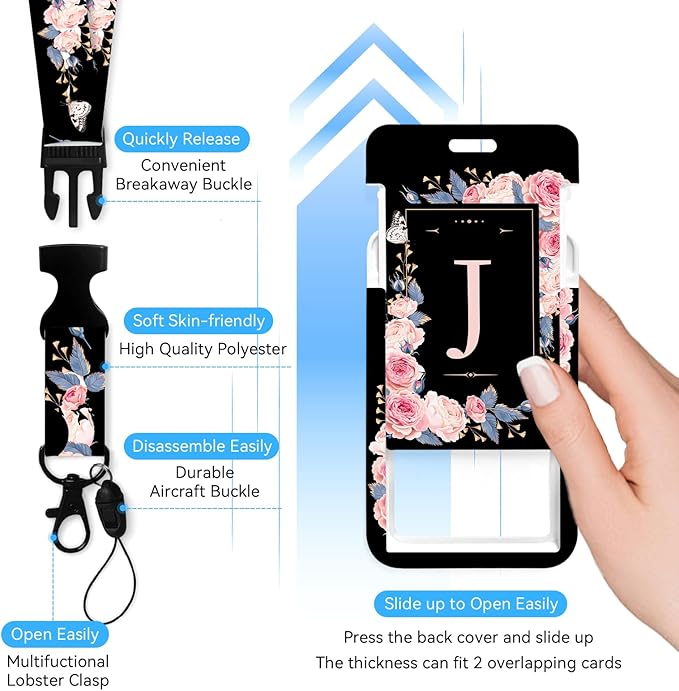 A-Z Badge Holder with Retractable Reel and Breakaway Lanyard Badge Clips Retractable Heavy Duty Badge Reel,Keychain,ID Holder with Breakaway Lanyard for School Nurse Office Teen J