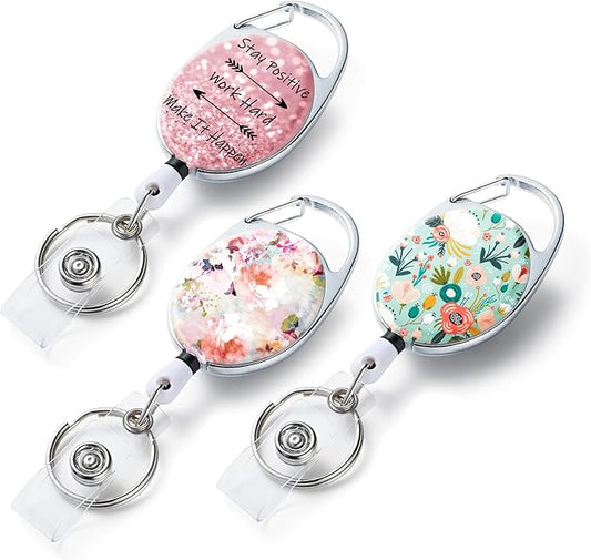 3 Pack Badge Reels Retractable,Double Sided Color Print Pattern Retractable Badge Holders,with Retractable Keychain, Badge Clip and Key Ring,Durable Nylon Retractable Rope