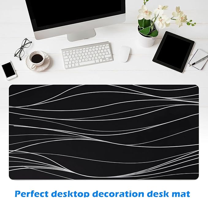 MAYCARI Abstract Lines Art Desk Mat Cool Desk Pad Mouse Pad Large White Wave Patterns Gaming Mousepad XXL Laptop Keyboard Desktop Writing Pad for Girls Students 31.5"X15.7"