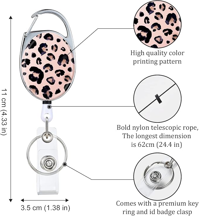 Badge Reels Retractable,Double Sided Color Print Pattern Retractable Badge Holders,with Retractable Keychain, Badge Clip and Key Ring,Durable Nylon Retractable Rope,Leopard Print