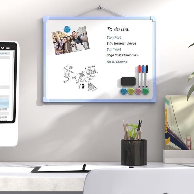 MaxGear Double-Sided Dry Erase Board for Wall, 16"x12" Hanging Whiteboard, Small Dry Erase White Board kit, Portable Whiteboard for Students - Planning, Drawing, Memo, to Do List, Blue Frame