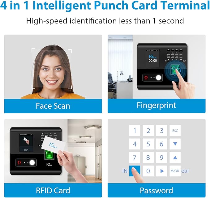 NGTeco Time Clocks for Employees Small Business with Face, Fingerprint, RFID and PIN Punching in One, MB1 Office Time Card Machine Automatic Punch with APP for iOS Android (0 Monthly Fee)
