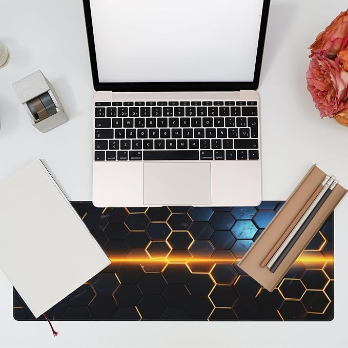 Large Gaming Mouse Pad for Desk,Golden Lines Honeycomb Technology Desk Mat,Honeycomb Technology Desk Pad,Extended Computer Keyboard Mouse Pad with Non-Slip Base and Stitched Edge,31.5"x11.8"