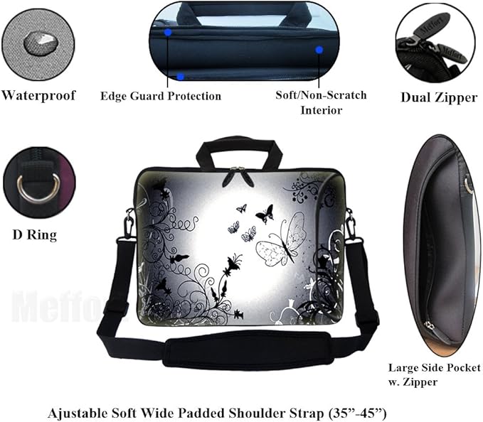 Meffort Inc 17 17.3 inch Neoprene Laptop Bag Sleeve with Extra Side Pocket, Soft Carrying Handle & Removable Shoulder Strap for 16" to 17.3" Size Notebook Computer - Black Gray Butterfly Design