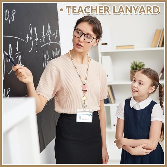 Teacher Lanyard with Id Holder, Retractable Lanyards for Id Badges Keys, Cute Natural Wooden Beaded Lanyard for Women