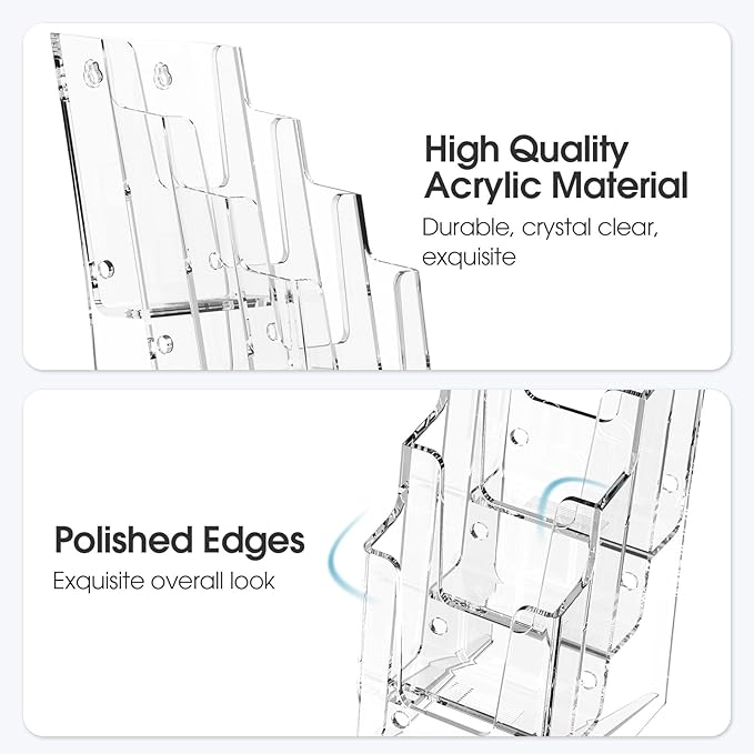 MaxGear Acrylic Brochure Holder, 4-Inch Wide 4 Tier Clear Literature Holder Premium Acrylic Pamphlet Holder Multi Pocket Brochure Display Stand, Wall Mount or Counter Top Use(2 Pack)