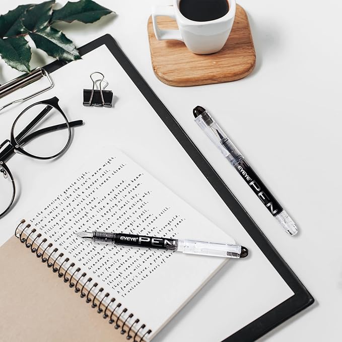 EYEYE Disposable Fountain Pens Fine Point, 8 Pack Black Pens for Writing, Stainless Steel Nib, Smooth Writing for Journaling, Drafting, Sketching, Doodling & Office Supplies