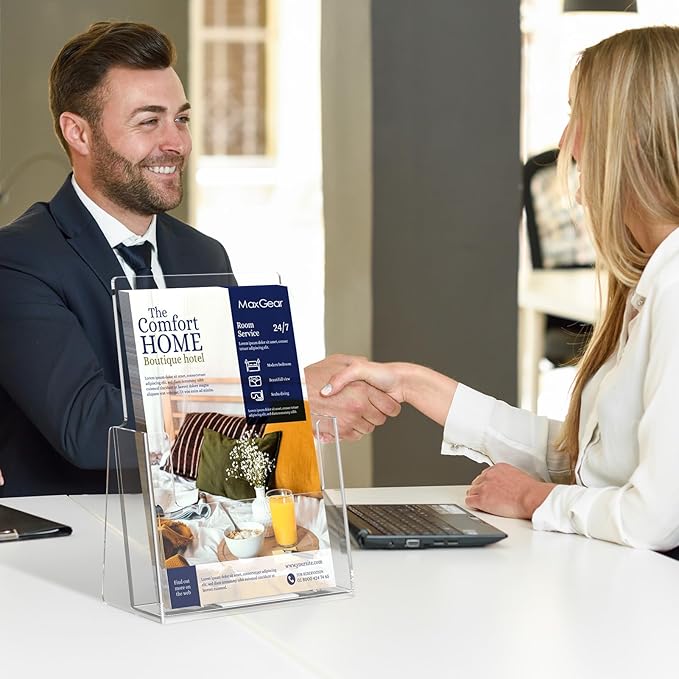 MaxGear Acrylic Brochure Holder 6 x 9 Inches, Clear Literature Holder Acrylic Countertop Organizer Plastic Flyer Display Stand Clear Bi-fold Magazine Holder for Pamphlet, Booklet, Menu, 2 Pack