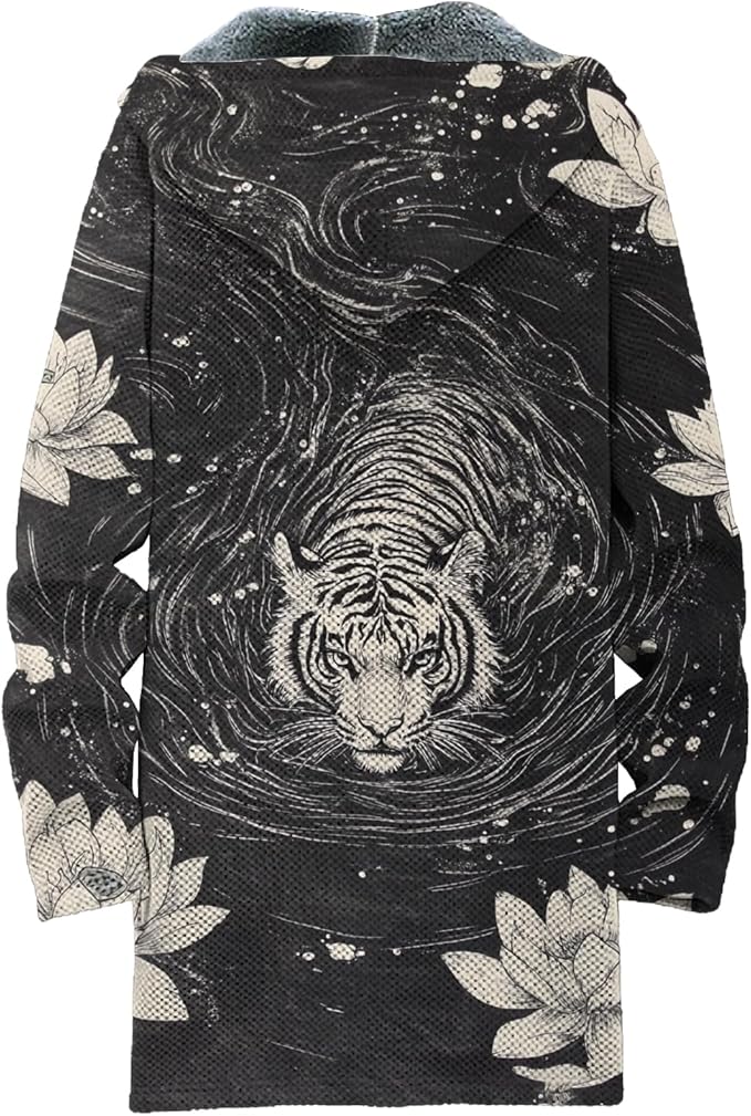 MARSVOVO Mens Cardigan Sweater Cool Graphic Lined Fleece Long Coat Zip With Pockets Fashion Coat Warm Fitted Jacket