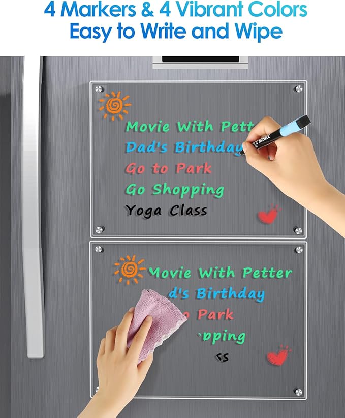 MaxGear 16"x12" Acrylic Dry Erase Board, Clear Magnetic Fridge WhiteBoard Mini Acrylic Memo Notepad for Refridgerator, Kitchen Menu Board Meal Planner Schedule Board, Include 4 Markers, 1 Cloth