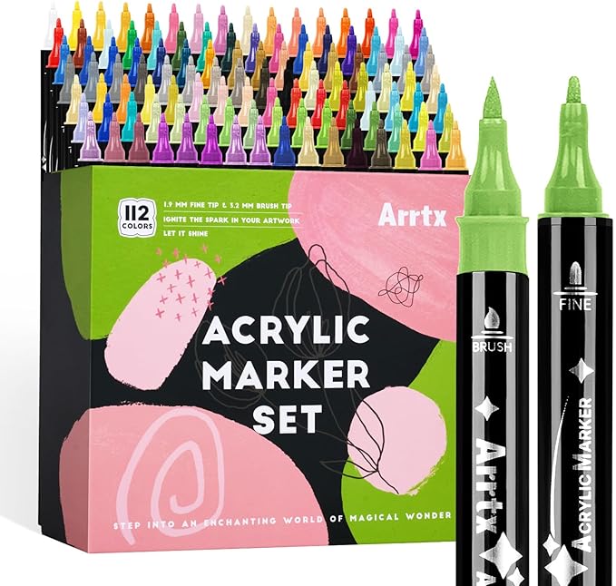 Arrtx Paint Markers Paint Pens, 112 Colors Acrylic Paint Pens Dual-Tip for Rock Painting, Ceramic, Wood, Plastic, Scrapbooking, Brush Lettering, Card Making, DIY Crafts (Fine Tip and Brush Tip)