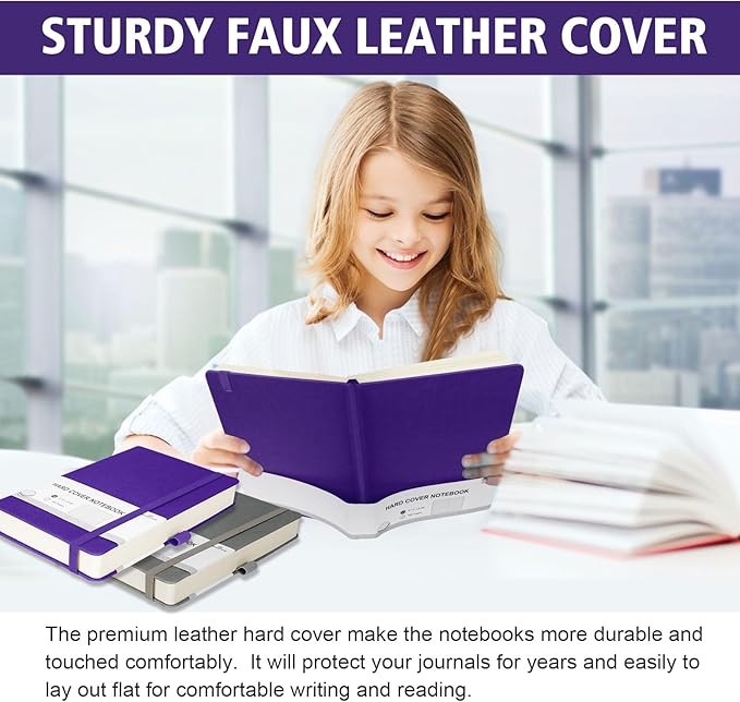 Lined Journal Notebook, 360 Numbered Pages(With page number), Thick Journal for Writing A5 College Ruled Notebook, 100gsm Lined Paper, Leather Hardcover, 5.75'' X 8.38''-1 Pack, Purple