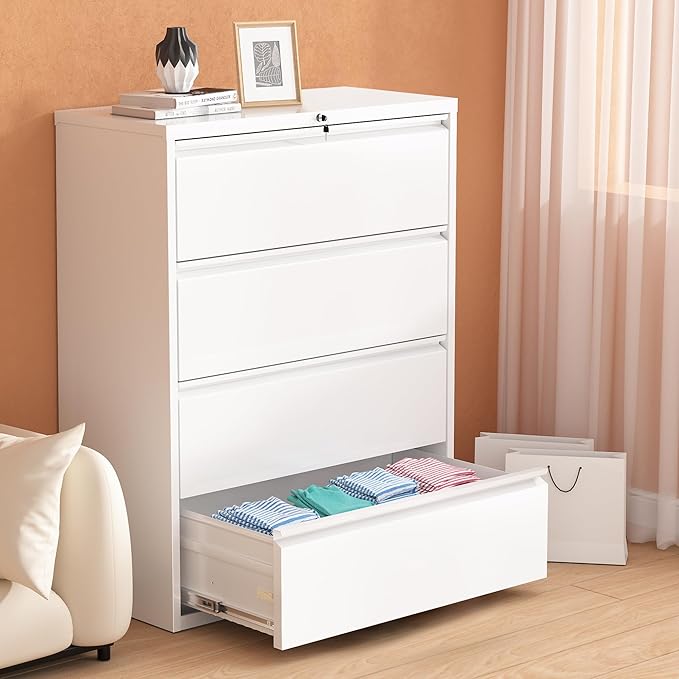 Pataku 4 Drawer File Cabinet with Lock, Metal Lateral File Cabinets for Home Office, Locking Filling Cabinets for Hanging Files Letter/Legal/F4/A4 Size (White)