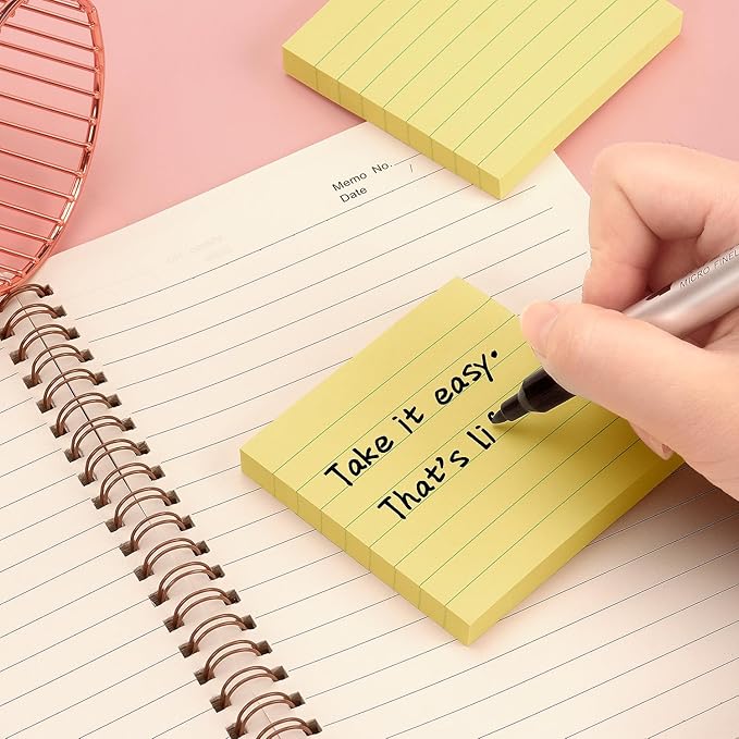 Lined Sticky Notes 3x3 Sticky Notes with Lines Self-Stick Notes Bright Color 4 Pads 90 Sheets/Pad (Yellow)