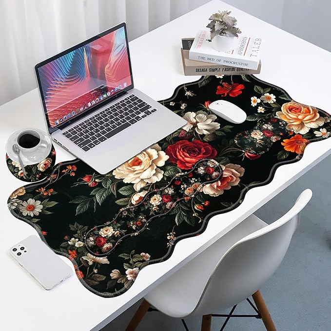 Office Mouse Pad Set with Wrist Support, Large 31.5"x11.8" Desk Mat, Ergonomic Memory Foam Keyboard Wrist Rest, Non-Slip Durable Mouse Pad for Work & Home, Beautiful Flowers