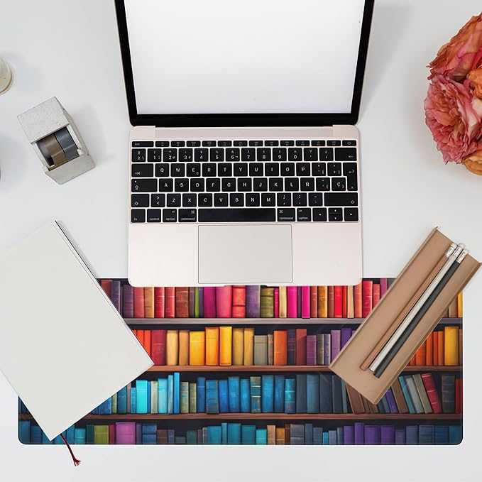 Large Gaming Mouse Pad for Desk,Bookshelves Full of Books Desk Mat,Colorful Books Desk Pad,Extended Big Computer Keyboard Mouse Pad with Non-Slip Base and Stitched Edge,31.5"x11.8"