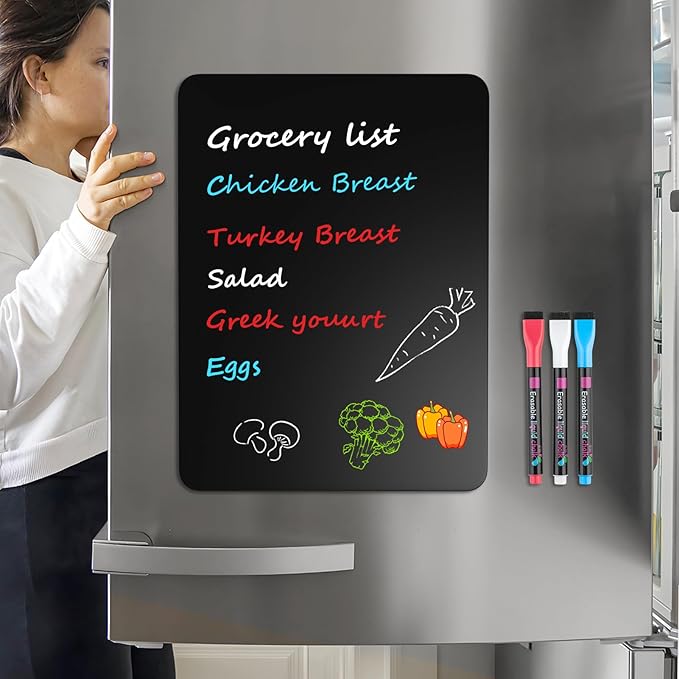 MaxGear Magnetic Black Dry Erase Board Sheet 12"x8" for Refrigerator, Small Fridge Magnetic Whiteboard for Kitchen, Fridge Shopping List for Family Planner and Grocery List, 3 Chalk Markers