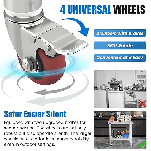 Stainless Steel Table for Prep & Work with 4 Caster Wheels with Backsplash 24 x 30 NSF Metal Commercial Kitchen Adjustable Under Shelf Worktable for Restaurant Home Outdoor