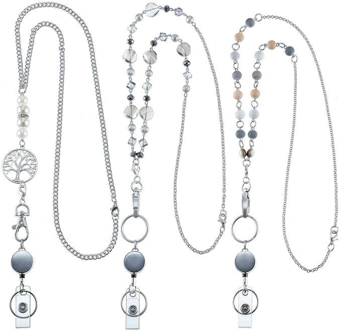 Hicarer 3 Pcs ID Badge Lanyard Necklace with ID Holder Clip Stainless Steel Beaded Chain Retractable Badge Reel Valentine (Chic Style)