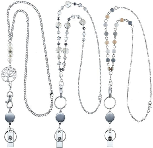 Hicarer 3 Pcs ID Badge Lanyard Necklace with ID Holder Clip Stainless Steel Beaded Chain Retractable Badge Reel Valentine (Chic Style)