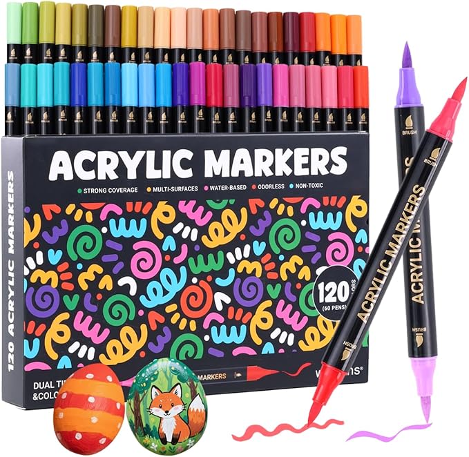 WINSONS 120 Colors Acrylic Paint Marker, Dual Tip and Dual Colors Acrylic Paint Pens for Stone, Wood, Canvas, Ceramic, Metal, Glass, Rock Painting, DIY Crafs Art Supplies (72 Colors)