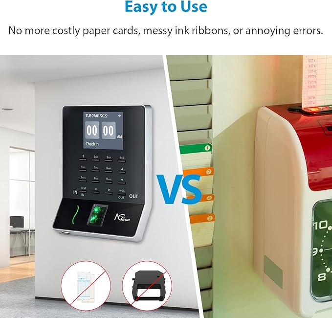NGTeco Fingerprint Time Clock, W2 Biometric Employee Attendance Machine for Small Businesses and Offices, Fingerprint Scanner, 2.4GHz LAN WiFi Connectivity, iOS/Android App (No Monthly Fee)