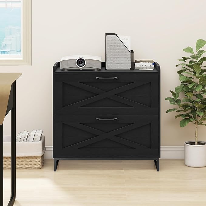 Lateral File Cabinet with Charging Station, 2 Drawer File Cabinet for Letter/Legal/A4 Size Hanging Files, Large Wood File Storage Cabinets Printer Stand for Home Office, Black