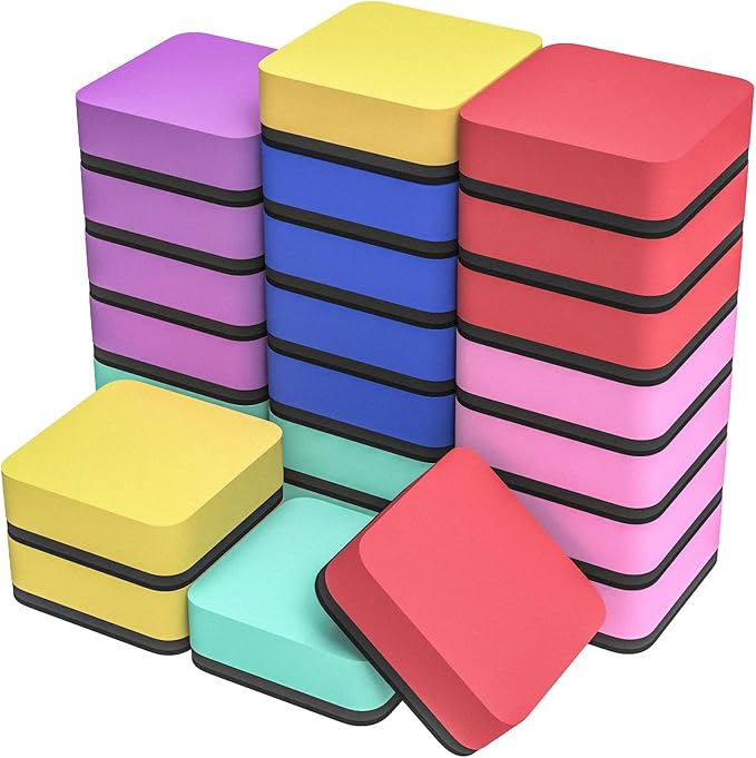 MaxGear 24 Pack Dry Erase Erasers, Magnetic Whiteboard Dry Erasers for Classroom, Mini Whiteboard Cleaning Pads, Chalkboard Wiper Teacher Supplies for School, Office, Home (6 Color Set, 2 x 2 Inch