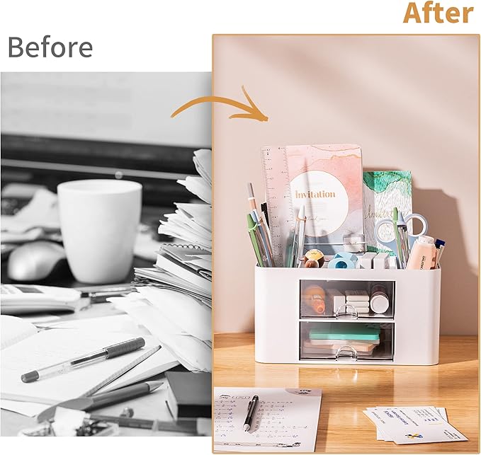 Marbrasse Pen Organizer with 2 Drawer, Multi-Functional Pencil Holder for Desk, Desk Organizers and Accessories with 5 Compartments + Drawer for Office Art Supplies (White)