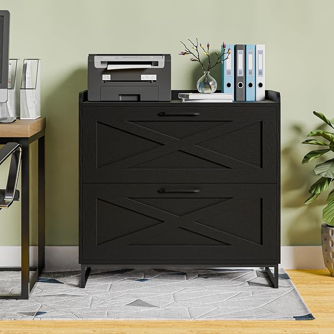 Lateral File Cabinet 2 Drawer File Cabinet with Charging Station for Legal/Letter/A4 Size Hanging Files, Modern Farmhouse Large Wood File Storage Cabinet Printer Stand for Home Office Furniture(Black)