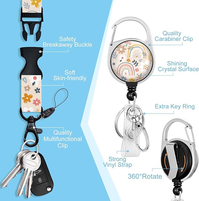 Lanyards for Id Badges, Boho Flowers Rainbows Badge Holder with Retractable Reel Belt Clip, Cute Work Name Tag Lanyard Vertical ID Card Protector Case for Women Nurse Doctor Teacher Student