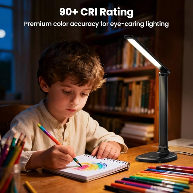 LED Desk Lamp with USB Charging Port, Stepless Dimmable Study Lamp with 5 Color Modes, Touch Control, Timer, Foldable Desk Lights for Home, Office, Bedroom