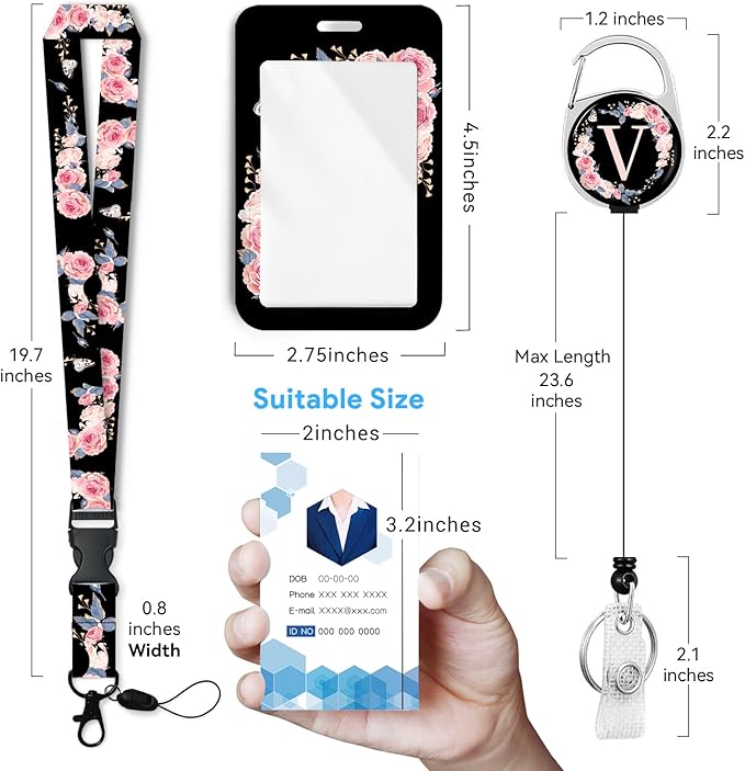 A-Z Badge Holder with Retractable Reel and Breakaway Lanyard Badge Clips Retractable Heavy Duty Badge Reel,Keychain,ID Holder with Breakaway Lanyard for School Nurse Office Teen V