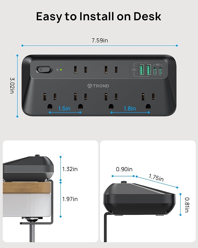 TROND 20W USB C Desk Clamp Power Strip - 1700J Surge Protector with 7 Outlets, Desktop Edge Mount Extension Cord, Fit 1.97" Tabletop, 6FT Flat Plug for Teacher Must Haves, Office, ETL List, Black