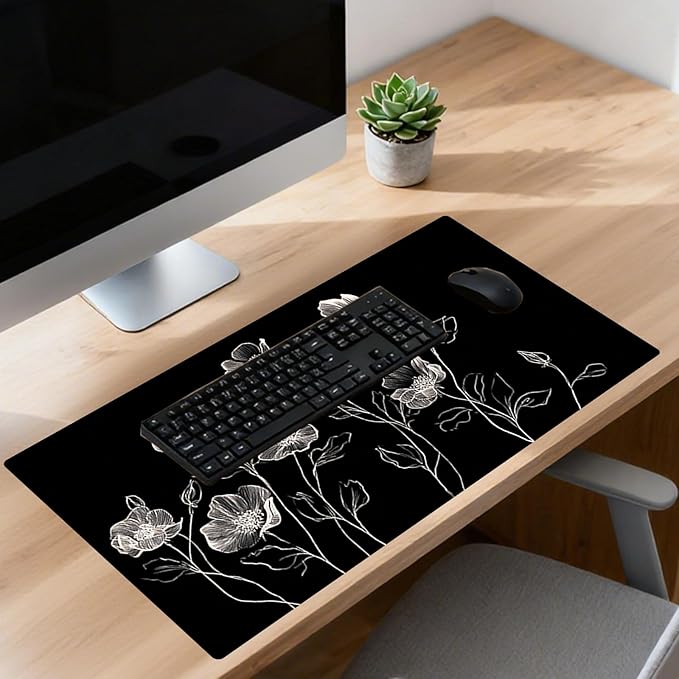 Nuxovilar Professional Large Mouse Pad & Computer Game Mouse Mat (35.4x15.7IN, Black & White Floral Line Art) (90 * 40cm Floral Line Art)