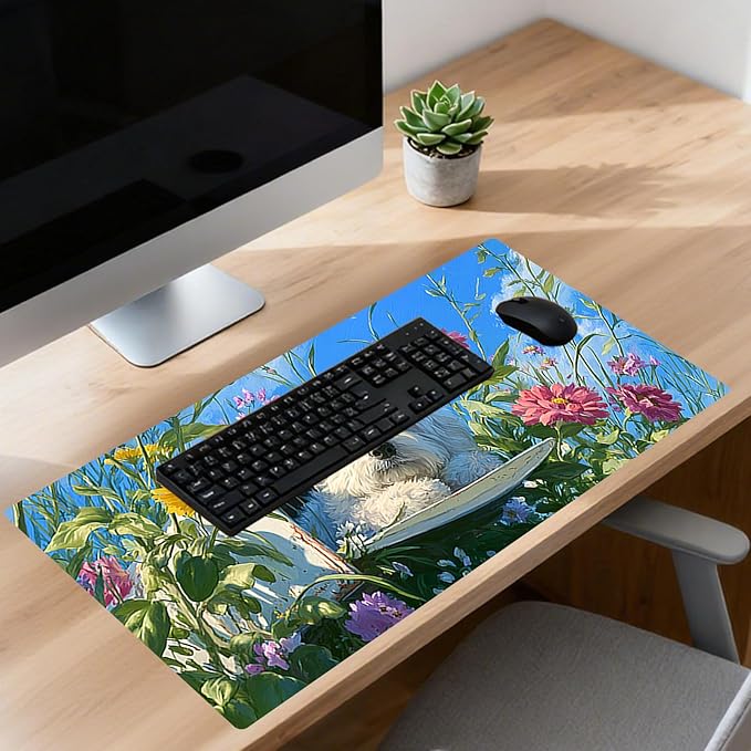 Nuxovilar Professional Large Mouse Pad & Computer Game Mouse Mat (35.4x15.7IN, Floral Puppy Art) (90 * 40cm Floral Puppy)