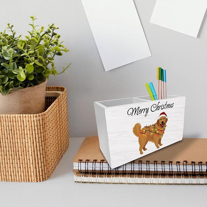 Merry Christmas Golden Retriever Pen Holder for Desk, Holiday Xmas Dog Wooden Box Sign Desk Decor for Home Office Decoration, Dog Pencil Organizer, Golden Retriever Christmas Decor