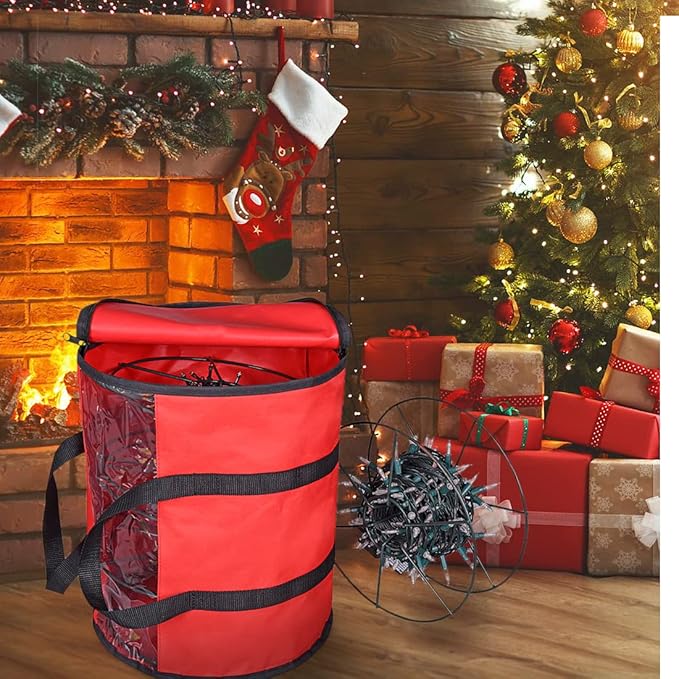 ProPik Christmas Light Storage Bag | Holiday Light Storage Organizer with 3 Metal Reels for Tree Lights & Extension Cords Constructed of Durable 600D Oxford Material with Clear PVC Window (Red)