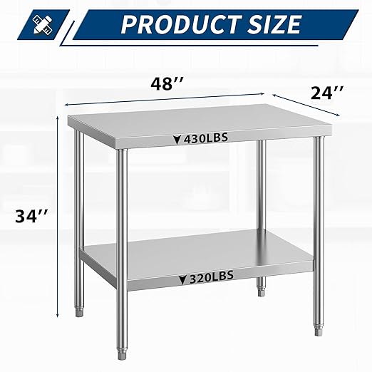 NSF Stainless Steel Table for Prep & Work 24 x 48 Inches Commercial Heavy Duty Food Prep Worktable with Undershelf for Restaurant, Home and Hotel Christmas Preparation Table