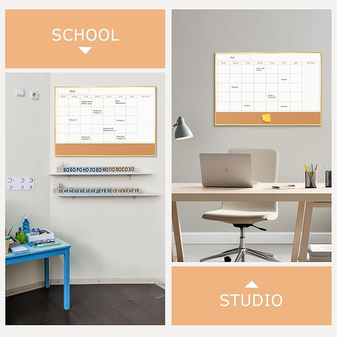 Magnetic Dry Erase Calendar Board for Wall - 36'' x 24'' Monthly Calendar Whiteboard with Cork Board - Gold Aluminum Frame