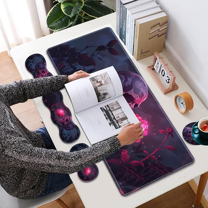 Large XXL Gaming Desk Mat 31.5"x 11.8", Ergonomic Keyboard Wrist Rest & Mouse Pad Wrist Rest + Coaster Set, Non-Slip Base, Memory Foam, Office and Home, Rose Skull